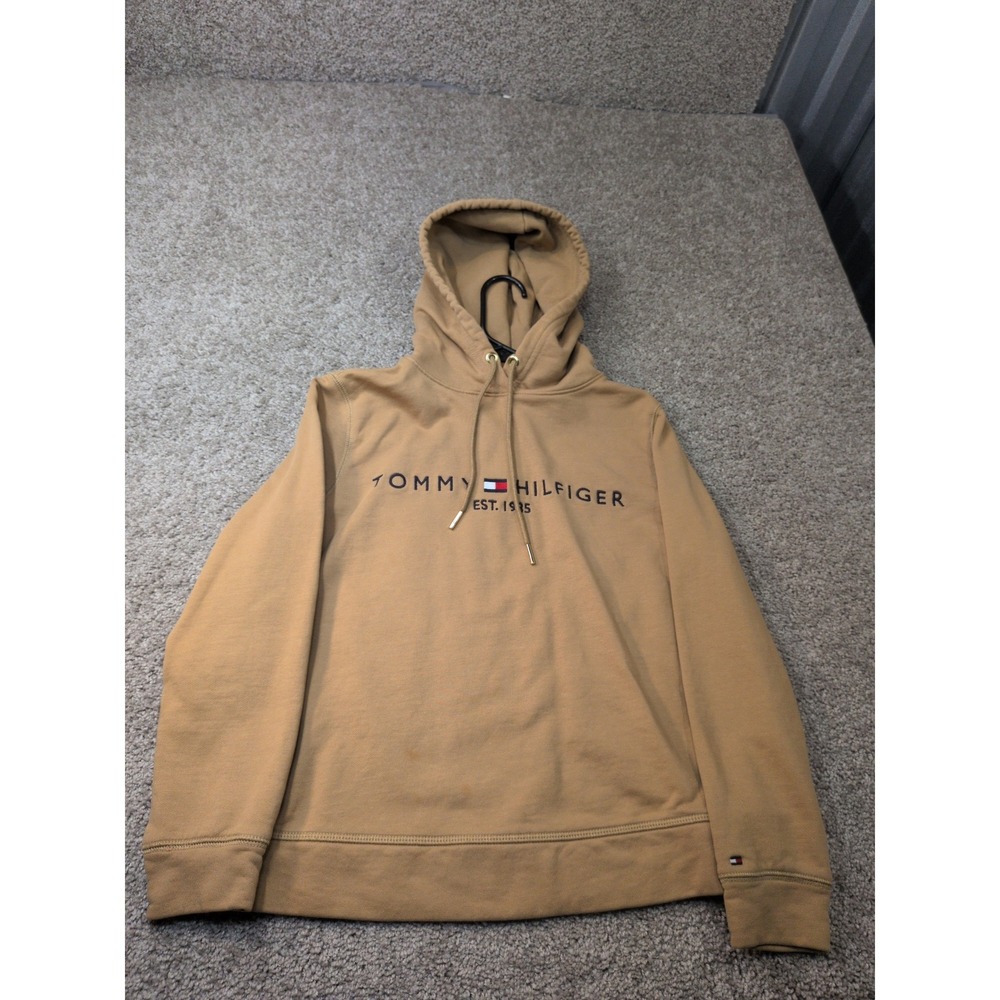 Tommy Hilfiger Mens Tan Camel Logo Embroidered Cotton‎ Hoodie Sweatshirt Small